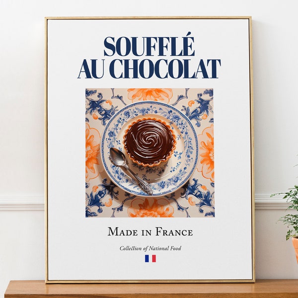 Soufflé au Chocolat on Maiolica tile plate, Traditional French Food Wall Art Print Poster, Kitchen and Café Decor, Foodie Gift