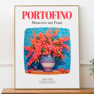 Portofino (Liguria, Italia) Mercato dei Fiori, ramo de buganvillas en jarrón de mayólica, póster impreso sobre pared