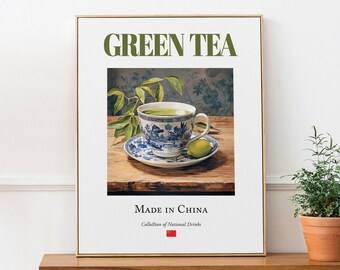 Groene theeprint, traditionele Chinese drankposter, keukenbarkunst
