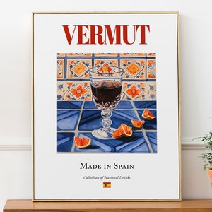 Vermut sobre mayólica, póster con impresión de bebida tradicional española, arte mural para cocina y bar.