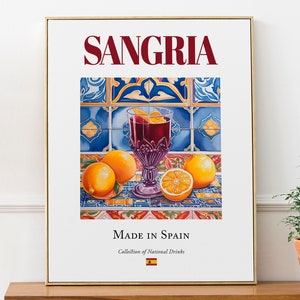 Sangría sobre baldosas de mayólica, póster con impresión de bebida tradicional española, arte mural para cocina y bar