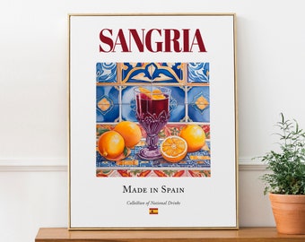 Sangria on Maiolica tile, Spanish Traditional Beverage Print Poster, Kitchen and Bar Wall Art