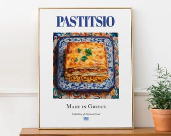 Pastitsio Traditional Greek Cuisine, Kitchen and Restaurant Wall Decor, Greek Lasagna Print, Foodie Gift