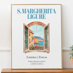 Santa Margherita Ligure (Liguria, Italia) Poster di viaggio, decorazione da parete con illustrazione ad acquerello tradizionale per finestre, regalo per gli amanti dell'Italia