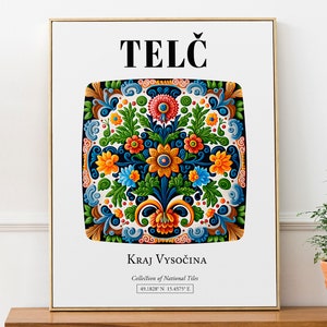 Telč, Czech Republic, Traditional Colorful Flower Pattern Tile Aesthetic Wall Art Print Poster