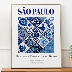Sao Paulo, Brasil, Aesthetic Traditional Azulejo Tile, Wall Art Décor Print Poster, Bedroom Wall Decor