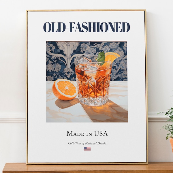 Old-fashioned on Maiolica Tile, Traditional American Beverage (Drink) Print Poster, Kitchen and Bar Wall Art