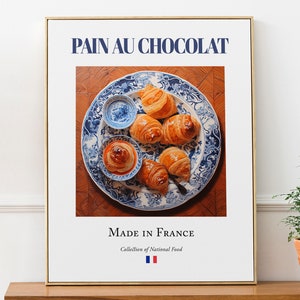 Pain au Chocolat on Maiolica tile plate, Traditional French Food Wall Art Print Poster, Kitchen and Café Decor, Foodie Gift