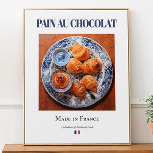 Pain au Chocolat su piatto di maiolica, poster da parete con stampa artistica di cibo tradizionale francese, decorazione per cucina e bar, regalo per buongustai