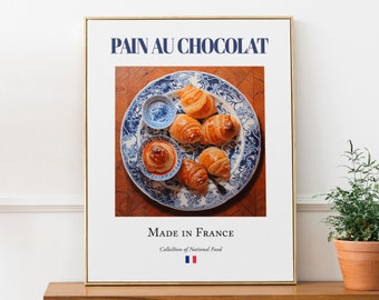マヨリカ焼きのタイルプレートに描かれたパン・オ・ショコラ、伝統的なフランス料理のウォールアートプリントポスター、キッチンやカフェの装飾、グルメギフト