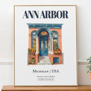 Ann Arbor, Michigan, USA, Aesthetic Minimalistic Watercolor Traditional Door, Wall Art Décor Print Poster, Living Room Wall Art
