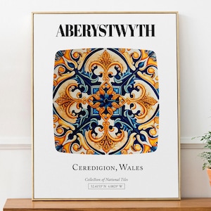 Aberystwyth, Ceredigion, Wales, Traditional Tile Pattern Aesthetic Wall Art Decor Print Poster