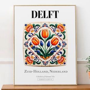 Delft, Netherlands, Traditional Tile Pattern with Pink Tulips Aesthetic Wall Art Decor Print Poster