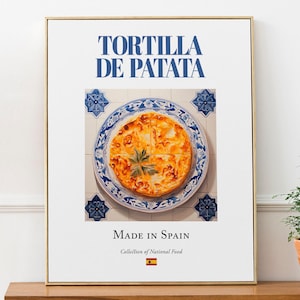 Tortilla de Patata on Maiolica tile plate, Traditional Spanish Food Wall Art Print Poster, Kitchen and Café Decor, Foodie Gift