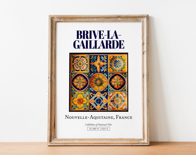 Brive-la-Gaillarde, Nouvelle-Aquitaine, France, Aesthetic Minimalistic Traditional Tile, Wall Art Print Poster, Bedroom Wall Decor image 8