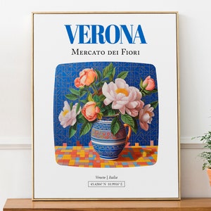 Verona (Véneto, Italia) Mercato dei Fiori, ramo de camelia en jarrón de mayólica, póster impreso artístico para pared