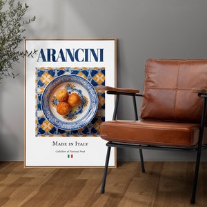 Arancini su piatto di maiolica, tradizionale cibo italiano, stampa artistica da parete, poster, regalo per buongustai, arte da parete per cucina