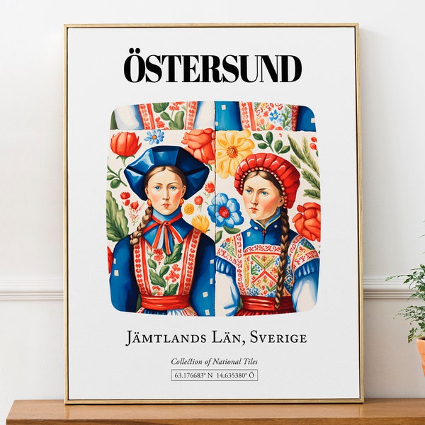 Östersund, Sweden (Sverige), Tile with Folk Costumes Pattern Aesthetic Wall Art Decor Print Poster