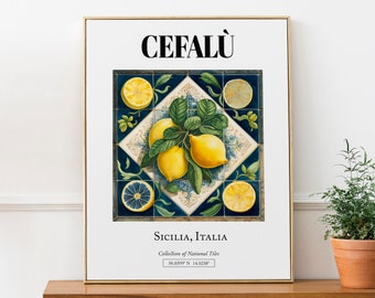 Cefalù, Sicilia, Italy, Tile Pattern With Lemons Aesthetic Wall Art Decor Print Poster