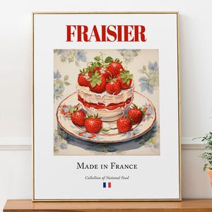 Fraisier on Maiolica tile plate, Traditional French Food Wall Art Print Poster, Kitchen and Café Decor, Foodie Gift