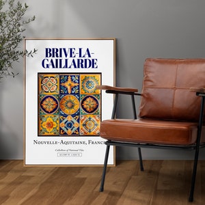 Brive-la-Gaillarde, Nouvelle-Aquitaine, France, Aesthetic Minimalistic Traditional Tile, Wall Art Print Poster, Bedroom Wall Decor image 2