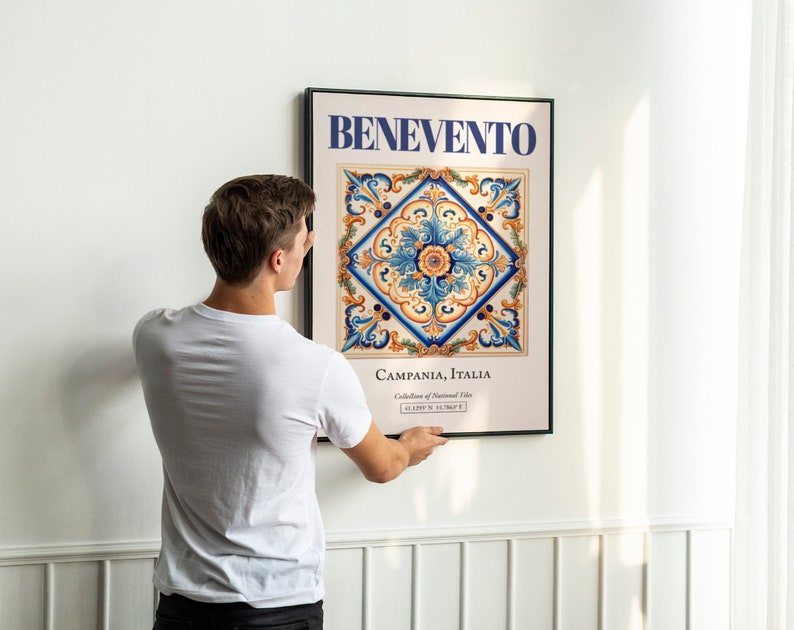 Benevento, Campania, Italy, Aesthetic Folk Traditional Maiolica Tile, Wall Art Décor Print Poster, Living Room Decor image 4