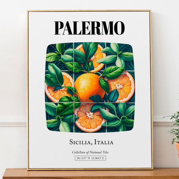 Palermo, Sicilia, Italy, Tile Pattern with Colorful Oranges in Green Leaves Aesthetic Wall Art Decor Print Poster