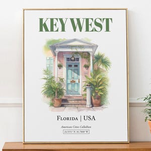 Key West, Florida, USA, Aesthetic Minimalistic Watercolor Traditional Door, Wall Art Décor Print Poster, Kitchen Wall Decor