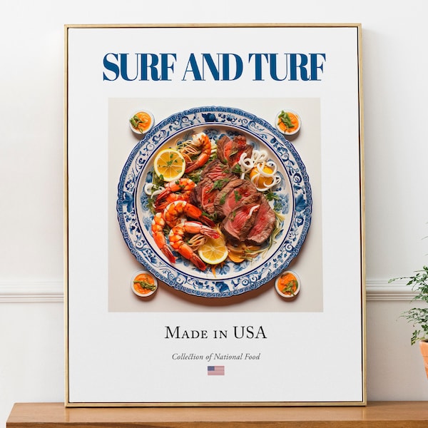 Surf and Turf on Maiolica tile plate, Traditional American Food Wall Art Print Poster, Kitchen and Café Decor, Food Lover Gift