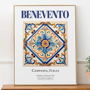 Benevento, Campania, Italy, Aesthetic Folk Traditional Maiolica Tile, Wall Art Décor Print Poster, Living Room Decor image 1