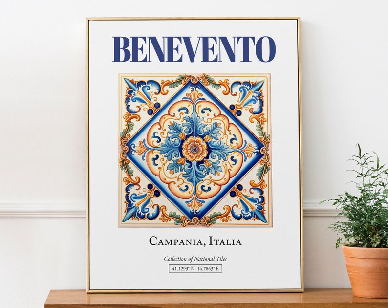 Benevento, Campania, Italy, Aesthetic Folk Traditional Maiolica Tile, Wall Art Décor Print Poster, Living Room Decor image 1