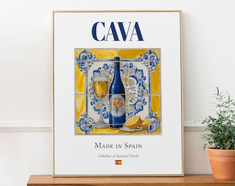 Cava on Maiolica tile, Spanish Traditional Beverage Print Poster, Kitchen and Bar Wall Décor
