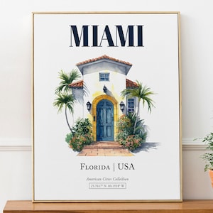 Miami, Florida, USA, Aesthetic Minimalistic Watercolor Door, Wall Art Décor Print Poster, Living Room Wall Decor