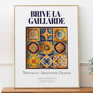 Brive-la-Gaillarde, Nouvelle-Aquitaine, France, Aesthetic Minimalistic Traditional Tile, Wall Art Print Poster, Bedroom Wall Decor image 1