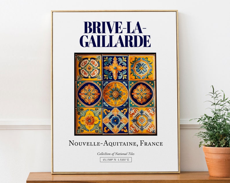 Brive-la-Gaillarde, Nouvelle-Aquitaine, France, Aesthetic Minimalistic Traditional Tile, Wall Art Print Poster, Bedroom Wall Decor image 1