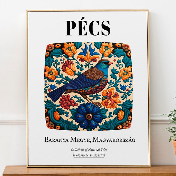 Pécs, Hungría, estampado de arte de pared estético con patrón de azulejos de flores y pájaros tradicionales Póster