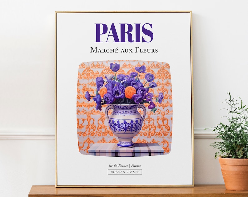 Paris Île-de-France, France Marché aux Fleurs, Violet Bouquet in Maiolica Vase Wall Art Print Poster image 1