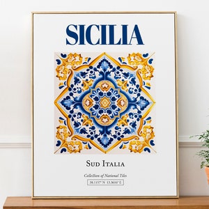 Sicilia (Sicilia), Sud Italia, Italia, Azulejo mayólica tradicional folclórico estético, Póster con impresión de arte de pared, Decoración de pared de dormitorio