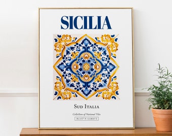 Sicilia (Sicily), Sud Italia, Italy, Aesthetic Folk Traditional Maiolica Tile, Wall Art Print Poster, Bedroom Wall Decor