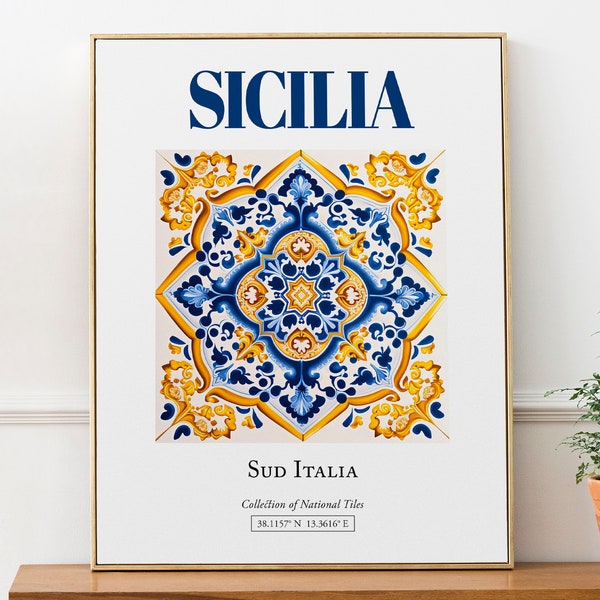 Sicilia (Sicily), Sud Italia, Italy, Aesthetic Folk Traditional Maiolica Tile, Wall Art Print Poster, Bedroom Wall Decor
