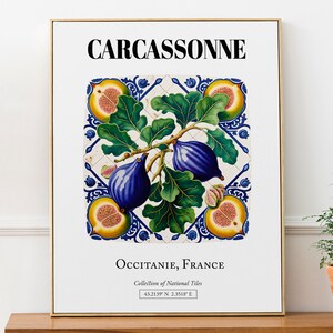 Póster decorativo de pared con estampado de azulejos tradicionales e higos de Carcassonne, Francia