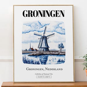 Groningen, Netherlands, Delft Tile Pattern with Windmill Aesthetic Wall Decor Print Poster