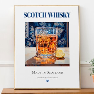 Scotch Whisky on Maiolica Tile, Traditional Scotland Beverage (Drink) Print Poster, Kitchen and Bar Wall Art