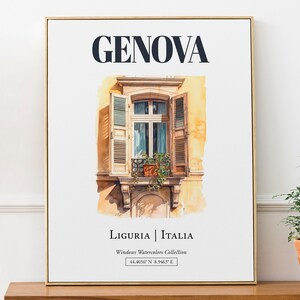 Genova (Ligurië, Italië) reisposter, traditionele venster aquarel illustratie muurkunst, Italië minnaar cadeau
