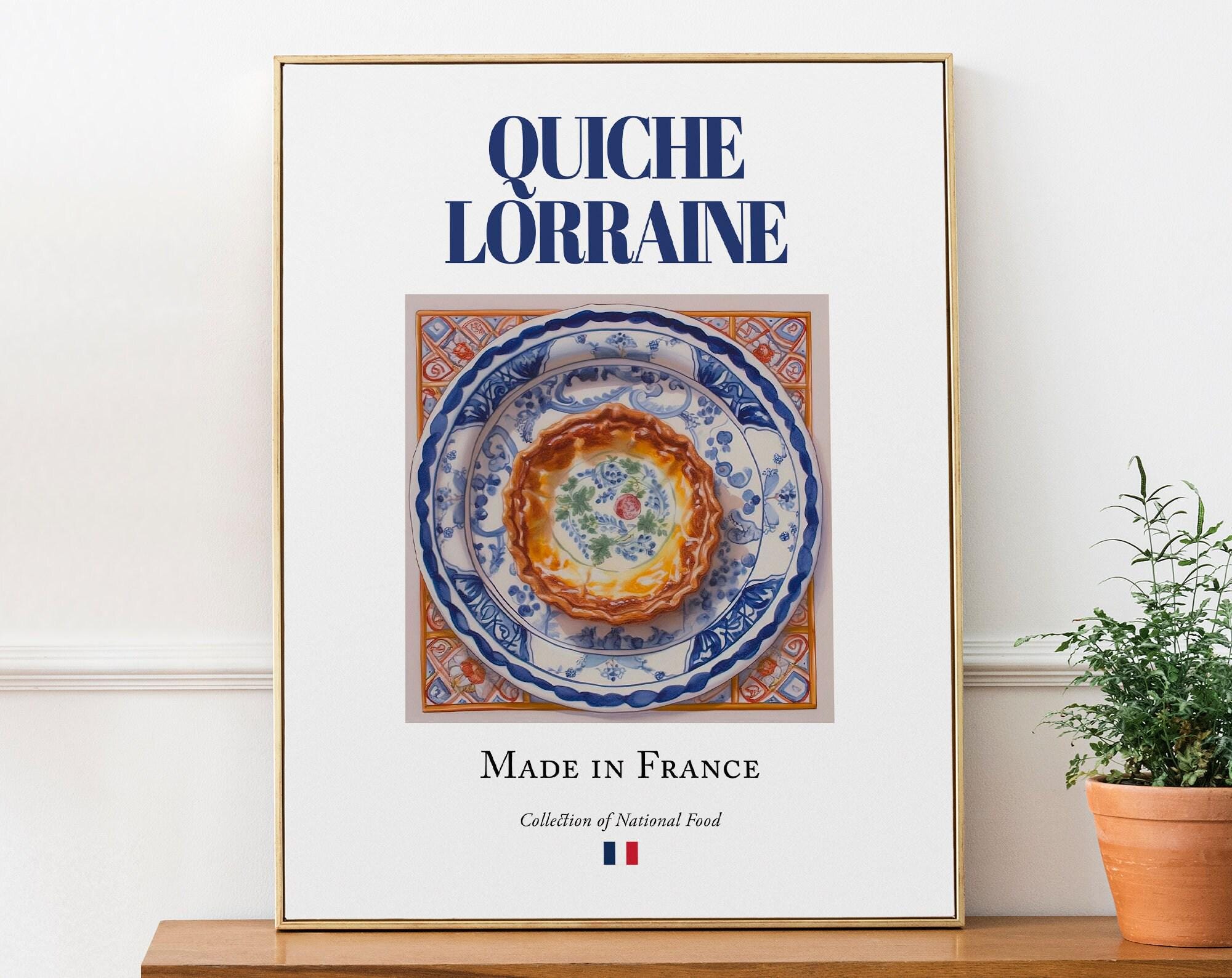 Quiche Lorraine op Maiolica tegelplaat, traditioneel Frans eten muurdecor print poster foodie cadeau keuken muurkunst