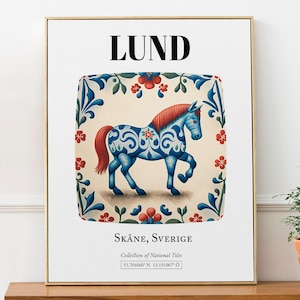 Lund, Suecia (Sverige), estampado de arte de pared estético con patrón de mosaico de caballo Folk Dala Póster
