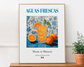 Aguas Frescas on Maiolica Tile, Traditional Mexican Beverage (Drink) Print Poster, Kitchen and Bar Wall Art