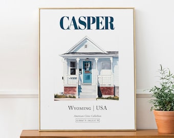 Casper Wyoming aquarelprint, traditionele deur, muurkunst VS