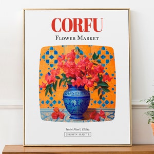Póster con impresión de arte mural sobre el mercado de flores de Corfú (Ionioi Nisoi, Elláda), ramo de buganvillas en jarrón de mayólica