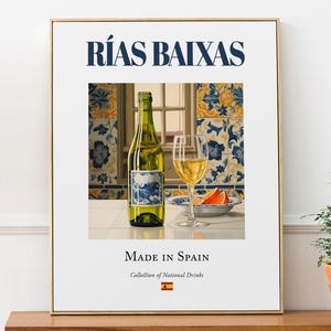 Rías Baixas on Maiolica Tile, Traditional Province of Pontevedra Beverage (Drink) Print Poster, Kitchen and Bar Wall Art